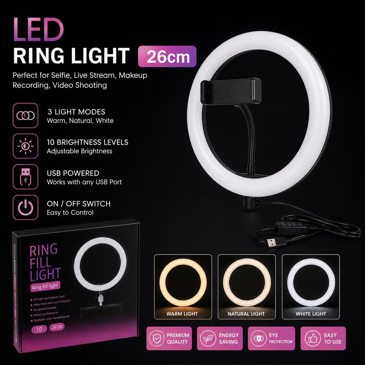 26cm LED Ring Light with Phone Holder | 3 Light Modes, 10 Brightness Levels, USB Powered for Selfie, Makeup & Live