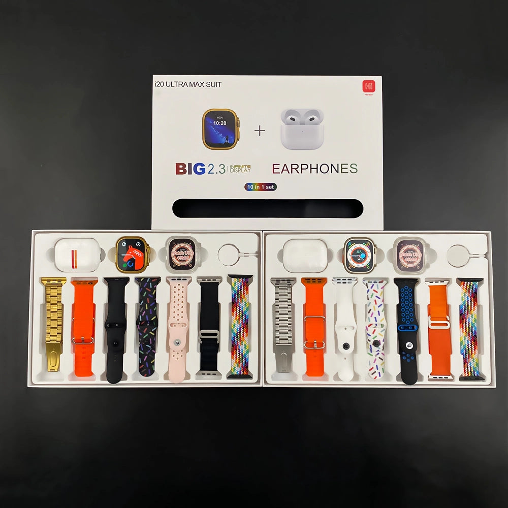 i20 Ultra Max 10-in-1 Smartwatch Combo | Bluetooth Calling + AirPods + 7 Straps + Wireless Charger | 1 Year Warranty