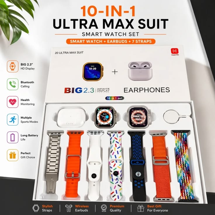 i20 Ultra Max 10-in-1 Smartwatch Combo | Bluetooth Calling + AirPods + 7 Straps + Wireless Charger | 1 Year Warranty
