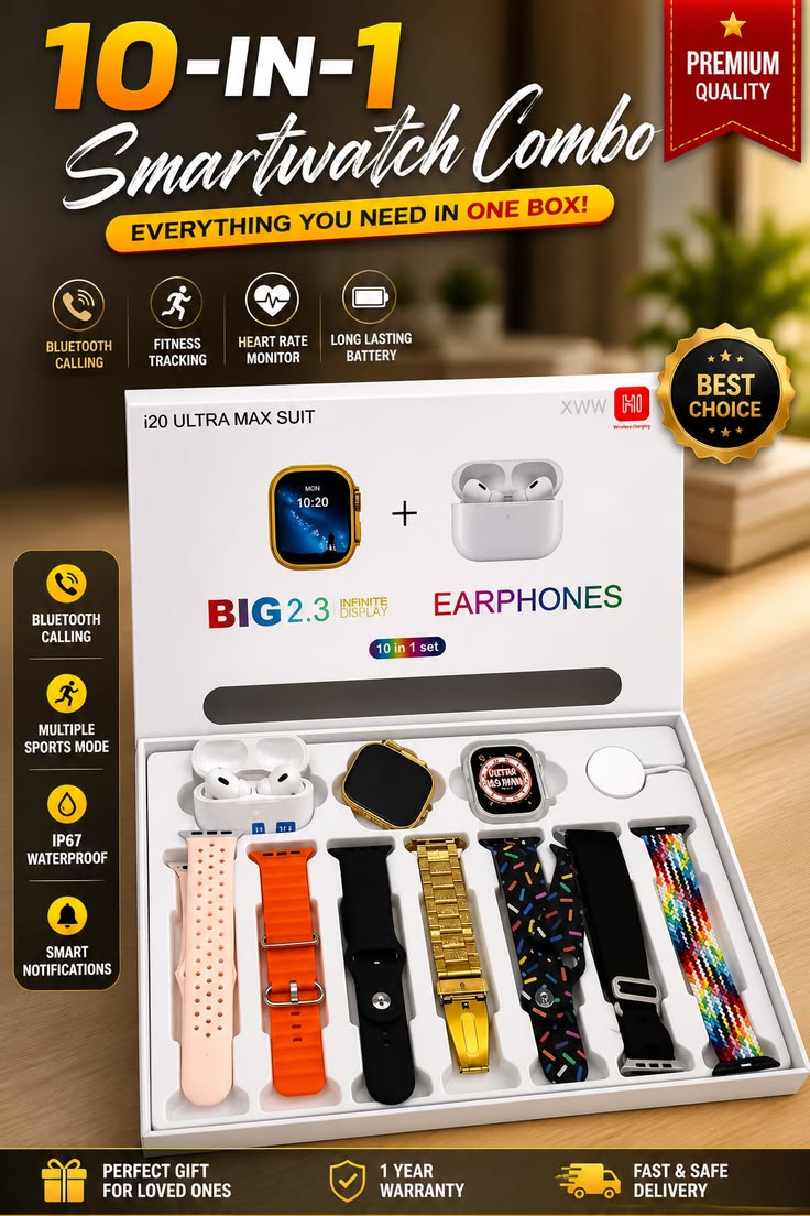 i20 Ultra Max 10-in-1 Smartwatch Combo | Bluetooth Calling + AirPods + 7 Straps + Wireless Charger | 1 Year Warranty