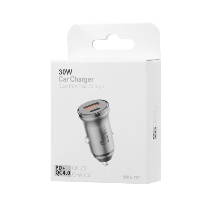 30W Car Charger WKN-707 | Dual Port PD + QC 4.0 Fast Charging | USB-A + USB-C Car Charger for iPhone Samsung