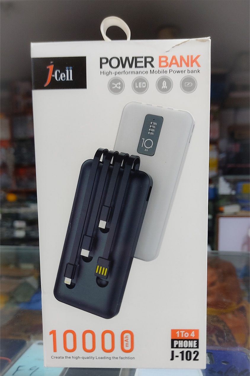 J-Cell J-102 Power Bank 10000mAh | 1 To 4 Cables Built-in | Fast Charging Portable Charger with LED Display