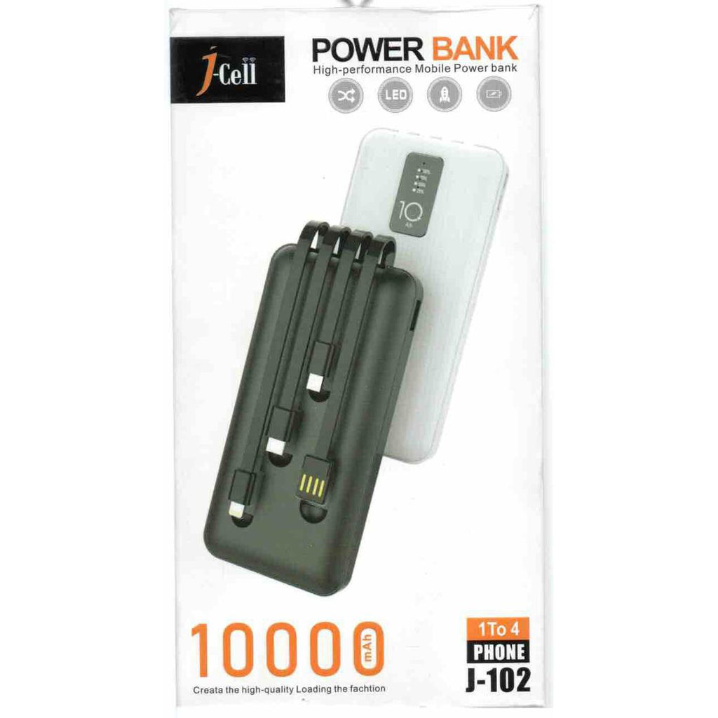 J-Cell J-102 Power Bank 10000mAh | 1 To 4 Cables Built-in | Fast Charging Portable Charger with LED Display